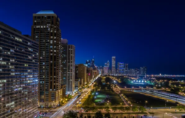 Road, lights, street, building, Chicago, Il, night city, Chicago