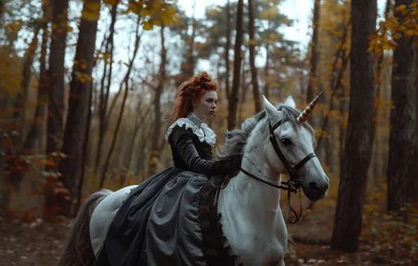 Forest, girl, nature, fog, horse, woman, horse, rider