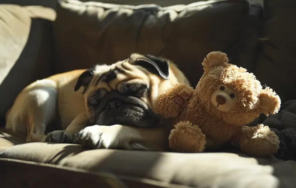 Light, sofa, toy, sleep, dog, bear, sleeping, pug