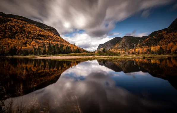 Picture autumn, forest, the sky, water, clouds, trees, mountains, lake