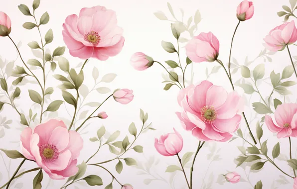 Leaves, flowers, texture, spring, white background, pink, peonies, peony