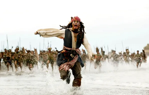 Johnny Depp, Sea, Running, Jack Sparrow, Pirates of the Caribbean, The natives