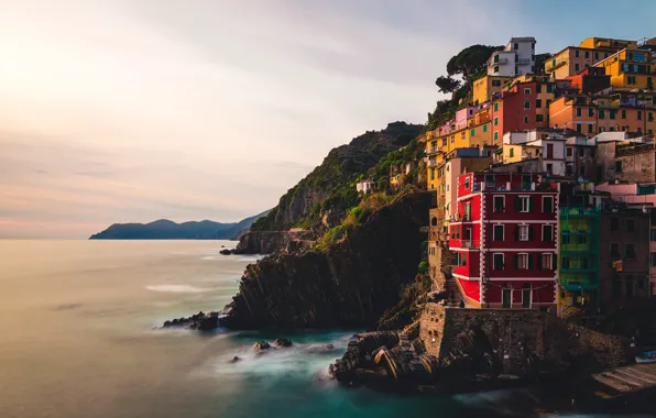 Picture sea, Italy, dusk, Riomaggiore, Liguria, cliff