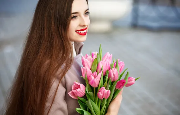 Flowers, smile, portrait, bouquet, makeup, hairstyle, tulips, brown hair