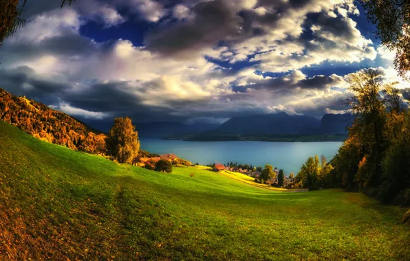 Autumn, grass, the sun, clouds, trees, mountains, clouds, lake