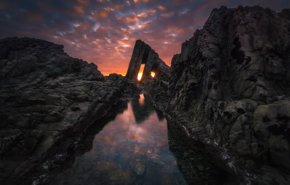 Sunset, rock, reflection, stones, rocks, shore, arch, twilight