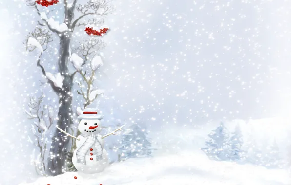 Berries, tree, buttons, snowman, scarf, tree, snowfall