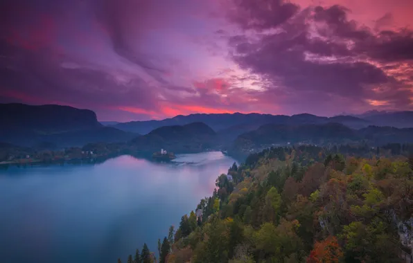 Autumn, forest, the sky, clouds, trees, sunset, mountains, clouds
