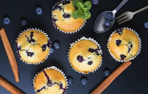 Picture blueberries, cinnamon, mint, cakes, cupcakes