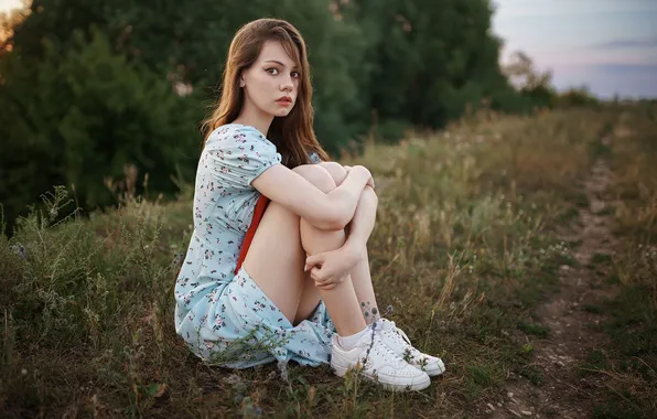 Picture dress, nature, woman, young, beautiful, model, long-haired, sneakers