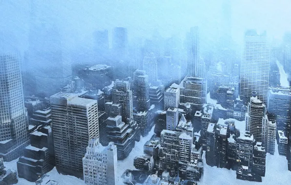 Cold, ice, winter, snow, the city, view, home, skyscrapers