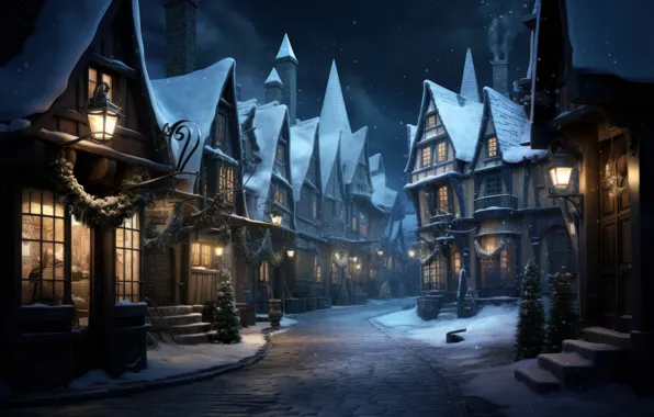 Winter, snow, the city, house, building, home, Christmas, New year
