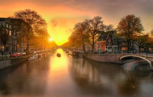 Auto, autumn, the sky, bridge, river, dawn, home, Amsterdam