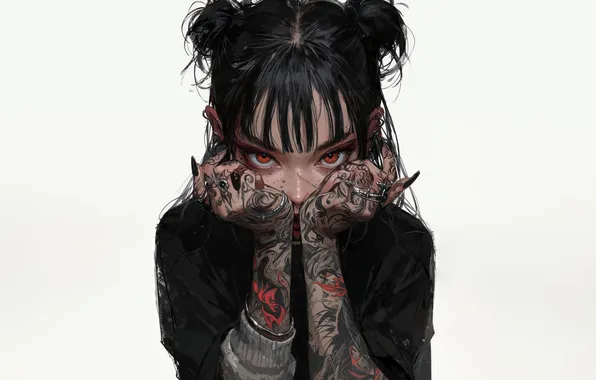 Girl, Anime, Tattoo, White Background, Black Hair, Anime Girl, Ai Art, AI Generated