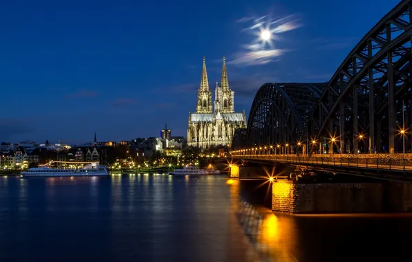 Night, bridge, the city, river, the moon, Germany, lighting, Church
