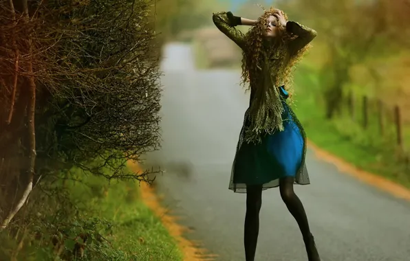Road, girl, fantasy, art, Agnieszka Lorek, Blue dress