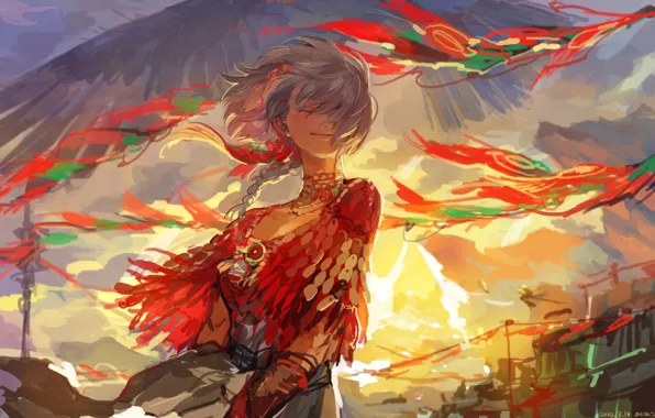 The sky, the wind, wings, girl, braids, Cape, closed eyes