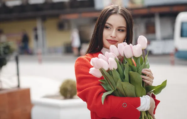 Girl, the sun, flowers, mood, street, portrait, bouquet, hairstyle