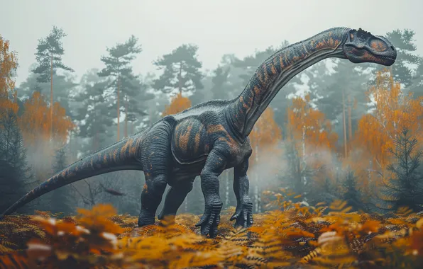 Grass, Trees, Dinosaur, Animal, Digital art, Ancient animals, Extinct animals, Prehistoric