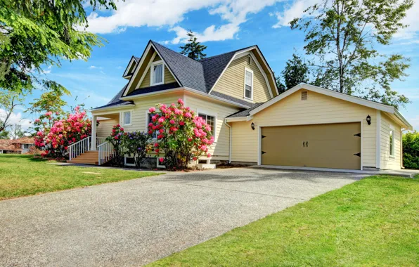 Summer, flowers, house, lawn, garage, track, cottage
