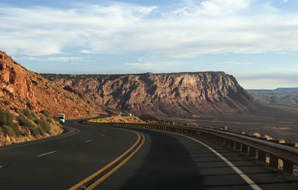 Road, machine, mountains