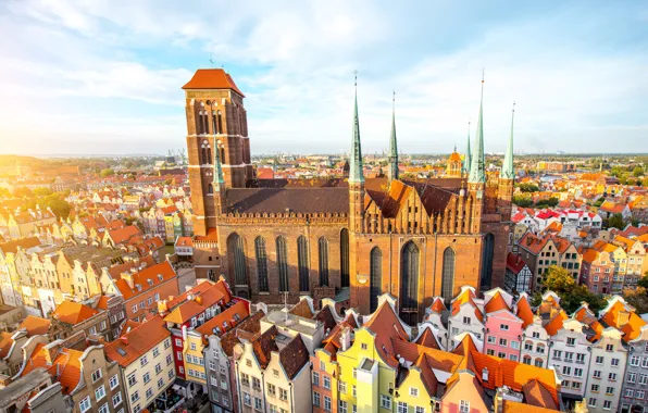 Sunset, Trees, Poland, The Church, Poland, Gdansk, Gdansk, Spire