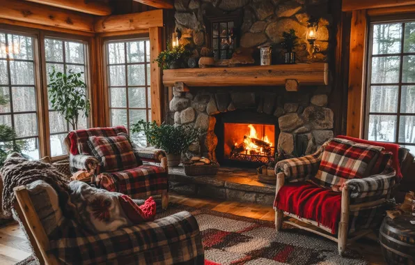 Comfort, house, stones, room, sofa, fire, carpet, furniture