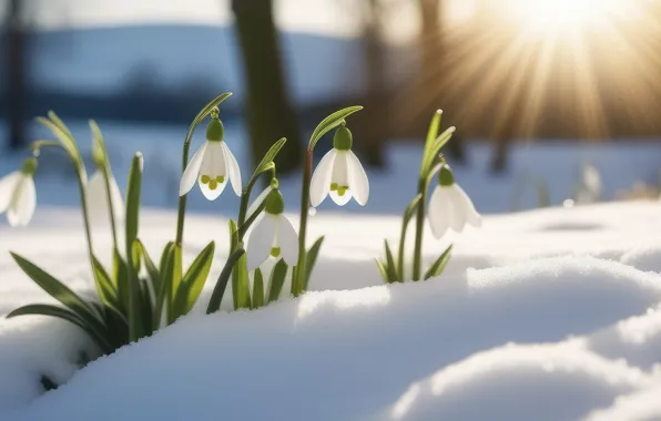 Snow, flowers, spring, snowdrops, the snow, white, AI art, neural network