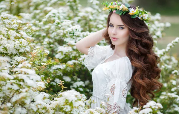 Look, girl, flowers, spring, makeup, garden, dress, hairstyle