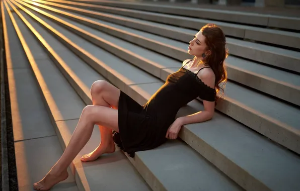Girl, the sun, light, pose, hair, figure, dress, ladder