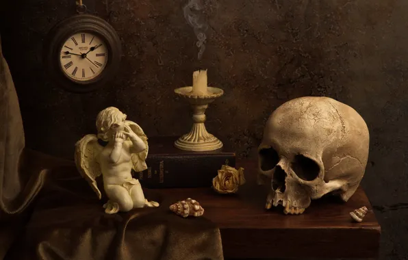 Style, the dark background, table, watch, skull, candles, fabric, book