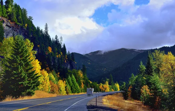 Picture road, autumn, the sky, trees, mountains