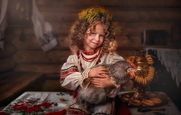 Look, decoration, chicken, necklace, girl, pearl, samovar, curls