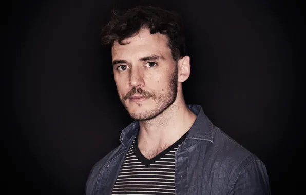 Portrait, t-shirt, actor, shirt, black background, striped, photoshoot, Sam Claflin