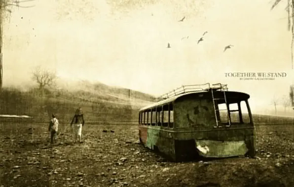 Picture old age, rusty bus, together we stand, the power of the spirit, fading
