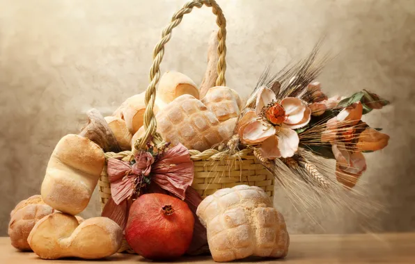 Flowers, basket, bread, still life, garnet