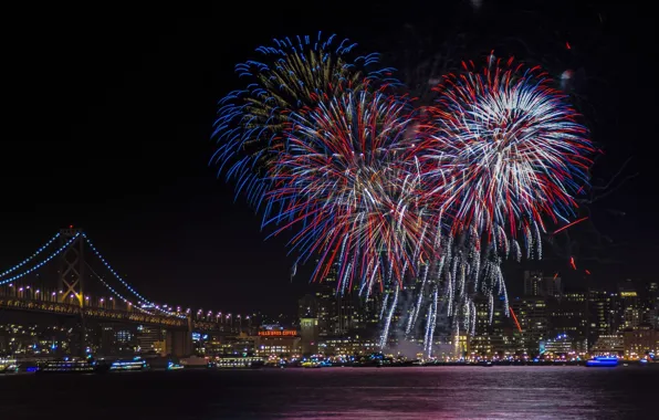 Bridge, lights, holiday, building, beauty, skyscrapers, panorama, fireworks