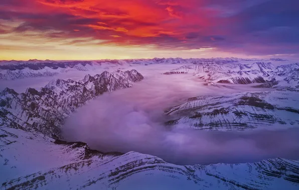 Picture winter, clouds, snow, tops, Canada, glow, Albert, Rocky mountains