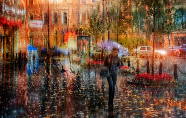 Girl, rain, umbrella, Saint Petersburg