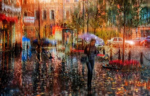 Picture girl, rain, umbrella, Saint Petersburg