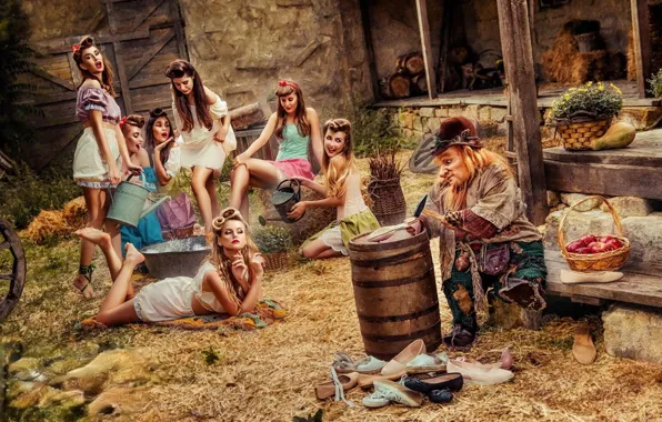 Girls, barefoot, yard, fantasy, beautiful, photoshoot, a lot of girls, leprechaun