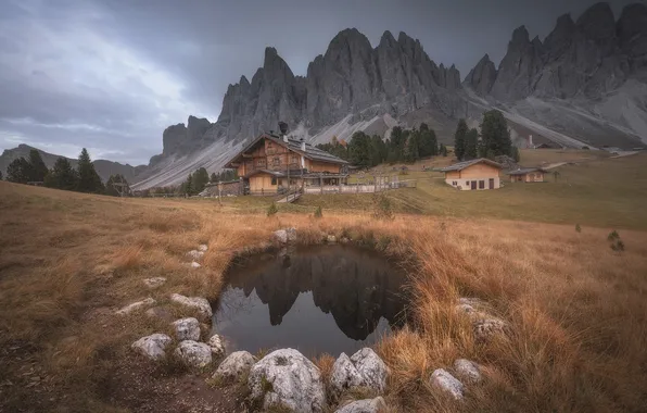 Field, autumn, forest, clouds, mountains, lake, reflection, stones