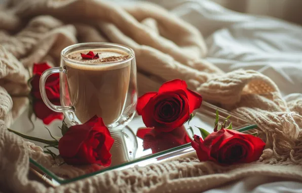 Flowers, coffee, roses, mug, Cup, red, fabric, drink