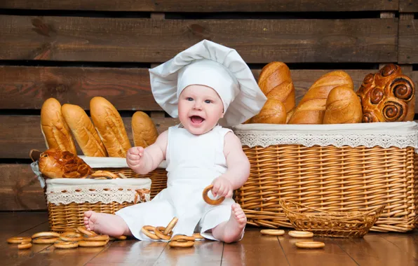 Baby, bread, outfit, cook, bagels