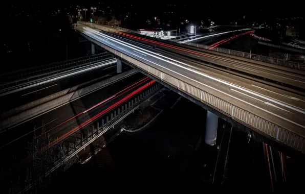 Bridge, Germany, night, light trails, Marburg