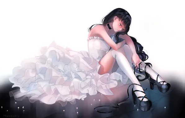 Picture girl, art, sitting, white dress, Marmaladica