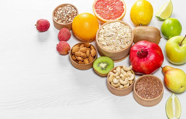 Lemon, Apple, orange, kiwi, pear, fruit, nuts, almonds