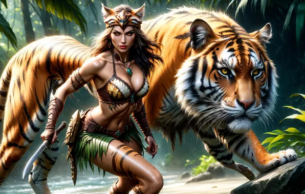 Girl, tiger, weapons, warrior