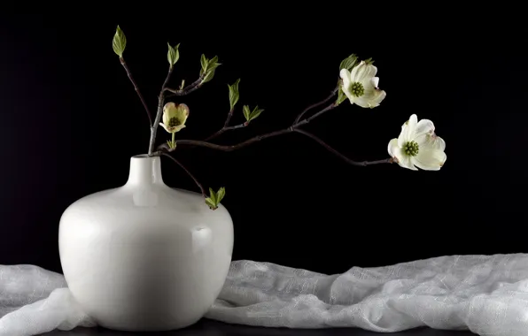 Flowers, branches, bouquet, fabric, white, vase, white, black background