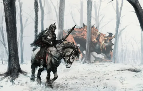 Picture forest, horse, people, monster, warrior, art, rider